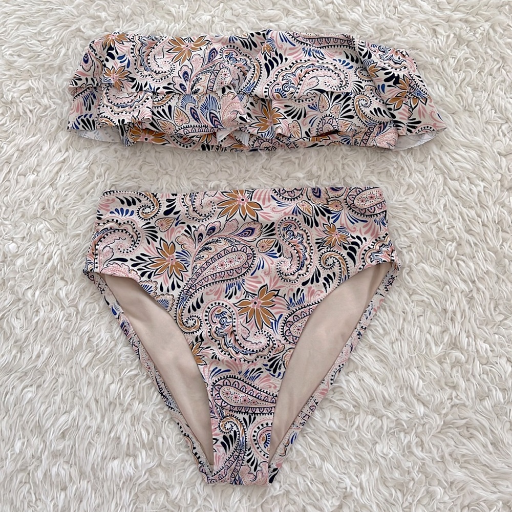 Kona Sol Pink Paisley Bandeau High-Waist Bikini Set